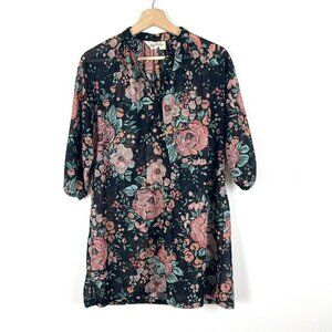 Vintage 70s Dark Floral Micro Mini Dress 12 Tunic Boho Disco Fairy Sheer Cottage